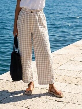 Lou & Grey Beige Gingham Wide-Leg Pants